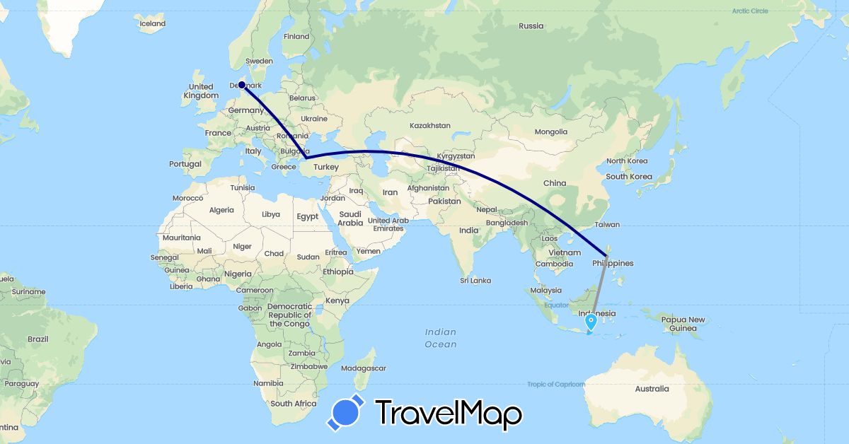 TravelMap itinerary: driving, plane, boat in Denmark, Indonesia, Philippines, Turkey (Asia, Europe)